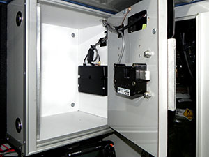 200 / 300 Series cabinet eLock, with wireless 802.11g, HID Prox reader with keypad installed on EMS vehicle’s narcotic cabinet - inside view